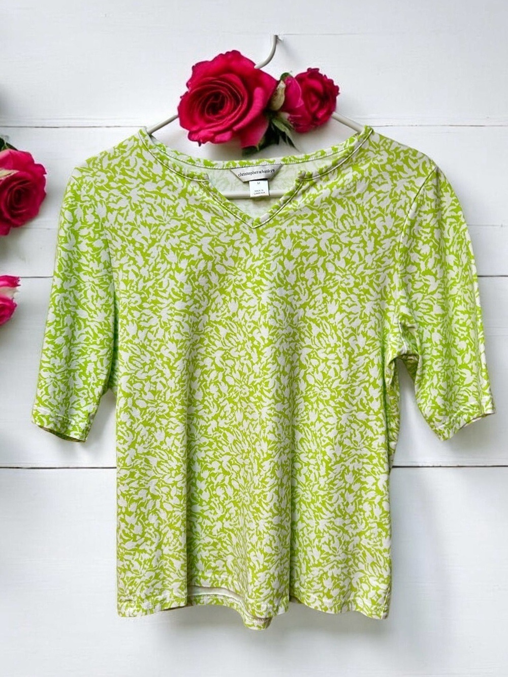 Christopher & Banks Tee Shirt Women's Medium White & Lime Green Summer Top Beach